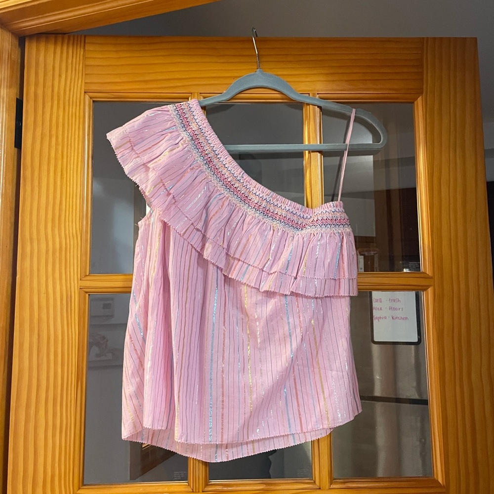 Pink One-Shoulder Saylor Yaya Top in lavender blush with a multi-lurex stripe